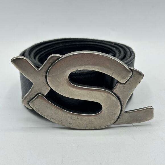 YVES SAINT LAURENT Silver Bubble Letter Logo Belt Leather Black Sz 100/40 $620 - Picture 2 of 8
